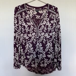 Lucky Brand Blouse Womens M Mixed Peasant Purple Boho Floral Feminine Prairie